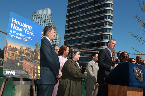 Mayor Bill de Blasio unveils "Housing New York: A Five-Borough, Ten-Year
Housing Plan to Protect and Expand Affordability," in Brooklyn, on
Monday, May 5, 2014.