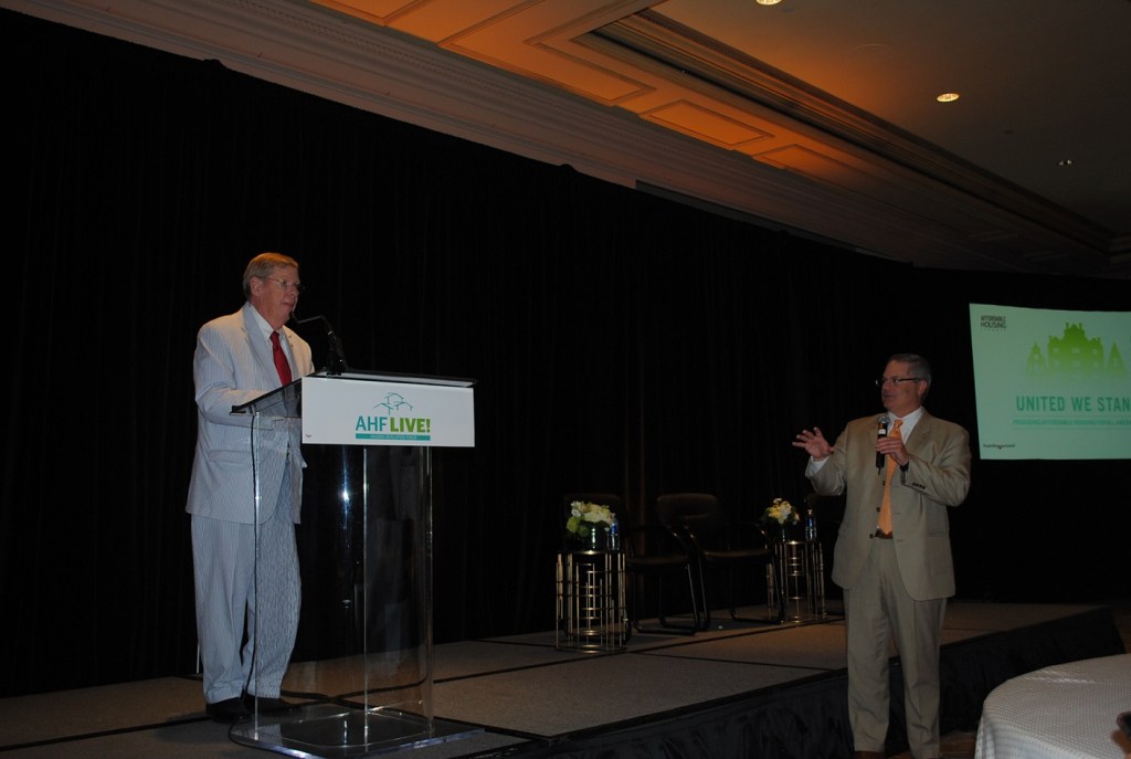 David Gasson, vice president of Boston Capital and executive director of the Housing Advisory Group, fields questions for Sen. Johnny Isakson at AHF Live: Housing Developers Forum in Pentagon City, Va.