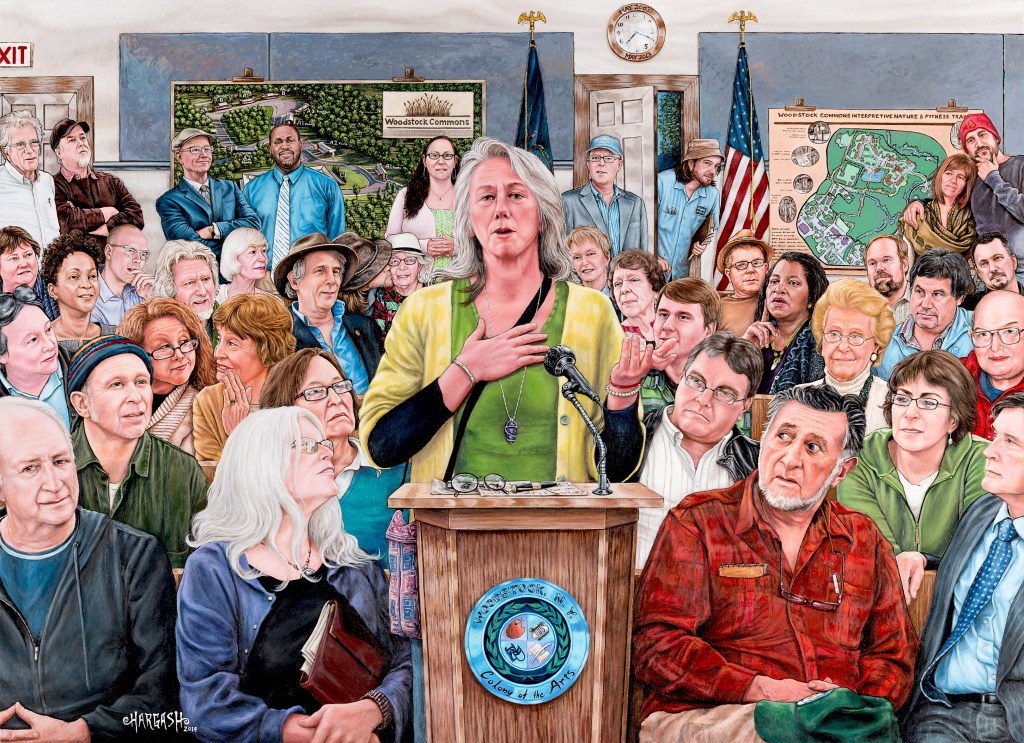 Tamara Cooper and other supporters of Woodstock Commons are captured in a painting by Steve Hargash.