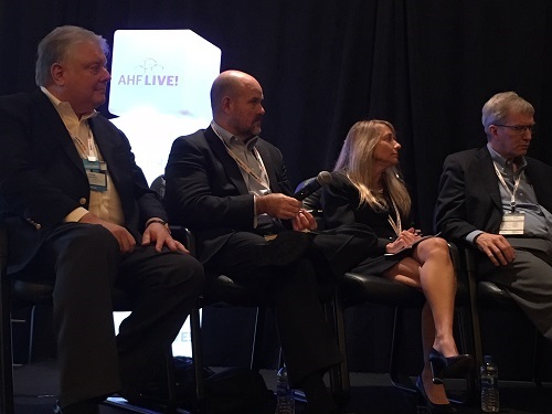 Fred Copeman, Stephen Daley, Marge Novak, and Mark Siranovic (left to right) discuss changes in the low-income housing tax credit market at the AHF Live conference in Chicago.