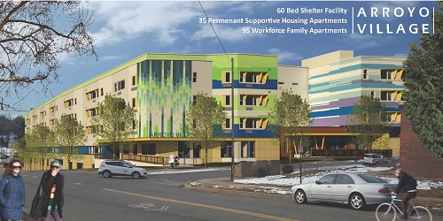 Arroyo Village, which will feature 130 housing units plus a shelter, is being developed in Denver by Rocky Mountain Communities and The Delores Project. The development is designed by Shopworks Architecture.