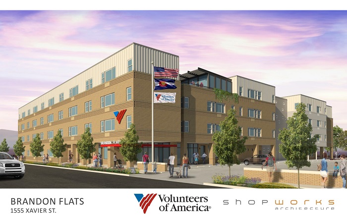 Volunteers of America will receive approximately $951,000 in federal housing credits and $1 million in state housing credits from the Colorado Housing and Finance Authority to build the 104-unit Brandon Flats development in Denver. (Rendering by Shopworks Architecture)