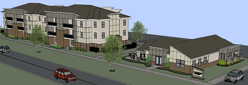 Gladstone Apartments will feature two three-story residential buildings offering 12 one-, 36 two-, and 12 three-bedroom units as well as a 2,100-square-foot freestanding community building.