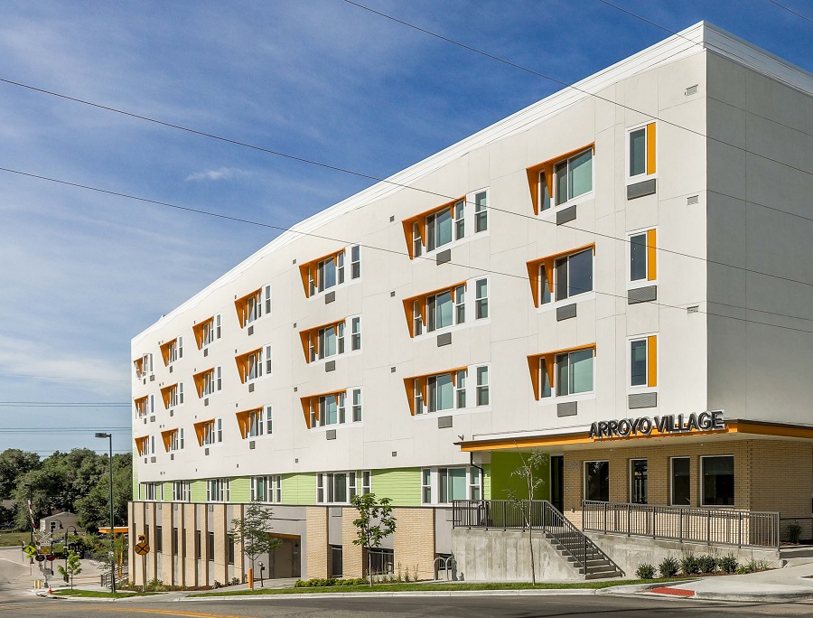 Arroyo Village offers a continuum of care for people experiencing housing instability in Denver, including a 60-bed shelter, 35 one-bedroom permanent supportive housing units, and 95 affordable apartments.