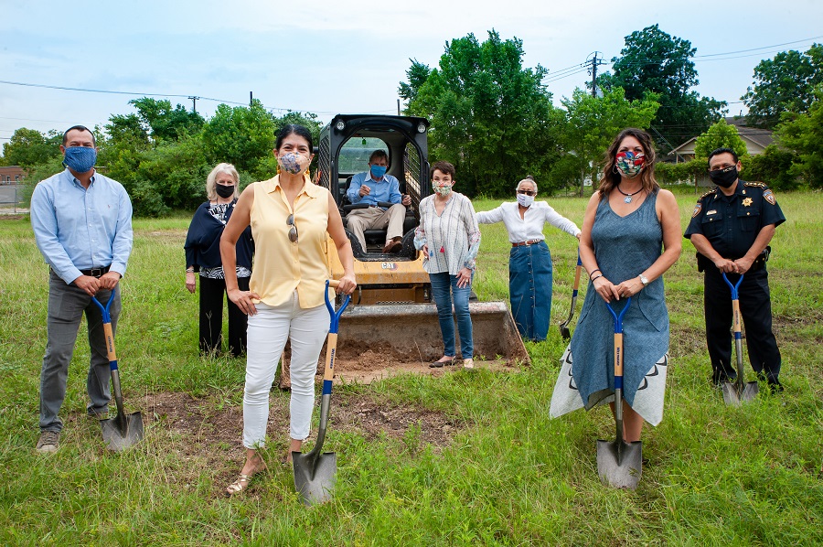 Wearing their face masks due to COVID-19, officials celebrate the groundbreaking for New Hope Housing Avenue J in Houston. From left: Bolivar “Bo” M. Fraga, BakerRipley community engagement developer and Super Neighborhood 63-Second Ward member; Melissa Noriega, former Houston City Council member; state Sen. Carol Alvarado; Michael M. “Mack” Fowler, New Hope Housing chairman emeritus; Joy Horak-Brown, New Hope Housing president and CEO; Jessica Hulsey, Super Neighborhood Alliance-Second Ward representative; Frances Castaneda Dyess, East End Chamber of Commerce president; and Ed Gonzalez, sheriff of Harris County.