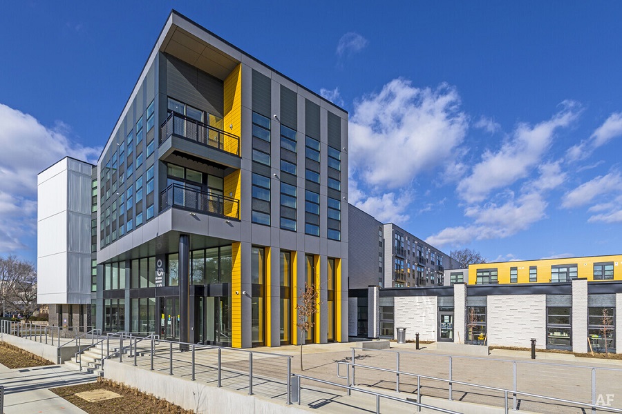 Artspace Silver Spring Arts Campus includes 68 one-, two-, and three-bedroom apartments and 11 mixed-income rental townhomes as well as 7,500 square feet of communal space and artists studios.