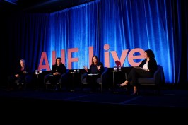 David Gasson of MG Housing Strategies, Debra Guerrero of The NRP Group, Shannon Ross of Housing Partnership Network, and Emily Cadik of Affordable Housing Tax Credit Coalition (from left) discuss the Build Back Better legislation at AHF Live on Nov. 16, 2021.