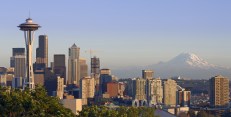 The Seattle skyline on a clear autumn evening with Mount Rainier in the background.