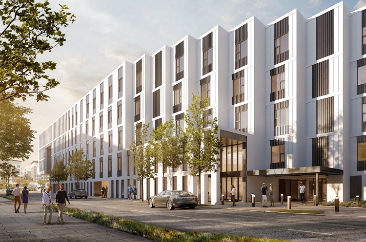 Mya is a $36 million mixed-income, mixed-use property development by The Domain Cos. in partnership with GIV Development in Salt Lake City. Designed by KTGY Architecture + Planning, the project features 126 one-bedroom apartments and anchors a $125 million transit-oriented development.