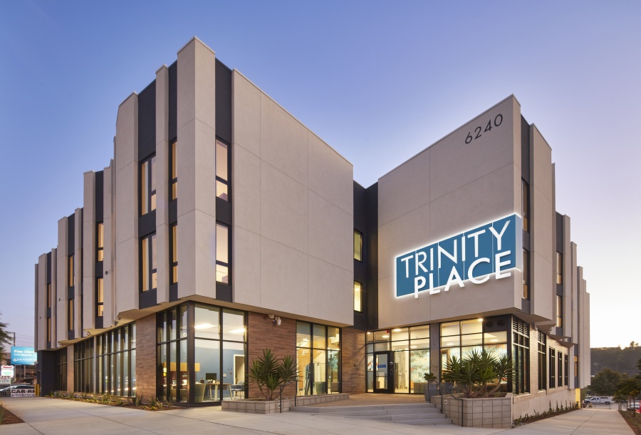 Trinity Place has three stories of studio apartments furnished to meet the needs of seniors who have been homeless. The ground floor has a grand lobby, a landscaped courtyard with seating, offices for medical and social services, and a large community room to host resident gatherings and workshops.