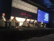 Philip Porter, Lisa Gutierrez, Jennifer Seamons, Rob Golden, Ryan Sfreddo, and Caleb Roope (from left) discuss changes in the low-income housing tax credit market at AHF Live in Chicago.