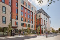 Berkeley Way and the Hope Center are two side-by-side developments: BRIDGE Housing’s Berkeley Way Apartments has 89 affordable homes and services, and the Hope Center has 53 permanent supportive housing apartments, a 32-bed homeless shelter, 12 transitional beds for homeless veterans, a community kitchen, and wraparound services.
