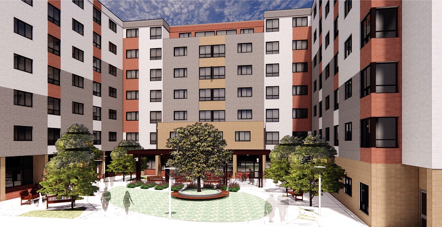 The seven-story Nevin Plaza, a former public housing development, is being rehabilitated in Richmond, California.