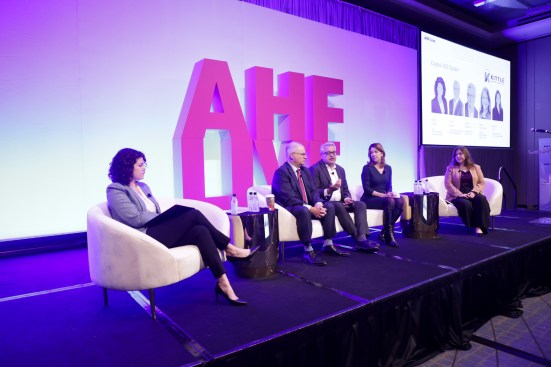 From left, Emily Cadik, David Gasson, Ismael Guerrero, Sharon Wilson Géno, and Shannon Ross discuss the outlook for housing legislation next year.