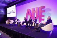 From left, Christine Serlin, Mahesh Aiyer, Maria Barry, Alice Carr, Jeff Kittle, and Bob Moss discuss the outlook for affordable housing during the "State of the Industry Power Panel" at AHF Live.