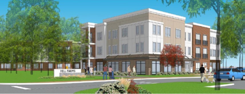 Amenities at The Pointe at Hills Farm will include a club lounge with a community kitchen, a work and gathering space, a conference room, a fitness center, two work-from-home rooms, a package room, and an on-site management office. Outdoor space will connect the buildings with an outdoor kitchen/family area with grills, a lawn space for activities, a fire pit, walking trails, a tot lot, and a dog park.