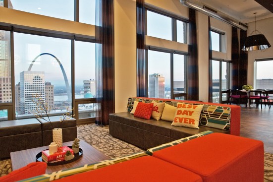 The  Arcade Apartments features a 19th floor clubroom for residents. Nine percent of the units are reserved for households earning no more than 50% of the area median income (AMI), 62% serve households at 60% of the AMI, 6% serve households at 80% of the AMI, and 23% are at market rates.
