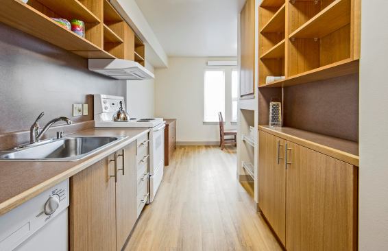 The nonsmoking building features a number of green elements, including energy-efficient appliances and insulation.