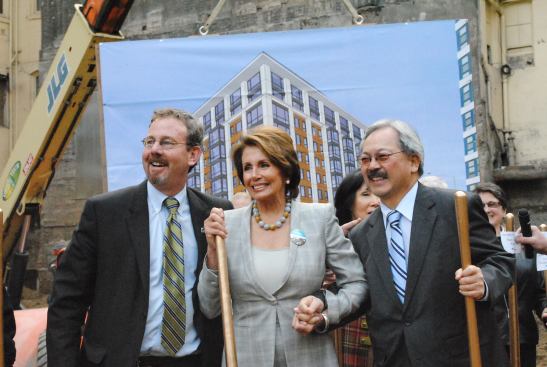 Mercy Housing California President Doug Shoemaker (left), Democratic House Leader Nancy Pelosi, and San Francisco Mayor Edwin Lee at the groundbreaking for Saint Anthony's in the Tenderloin district. The new building will house St. Anthony's dining room and 90 new apartments developed by Mercy Housing California.