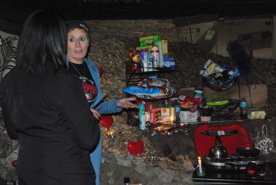 Teresa shows her shelter during the one-day homeless count.