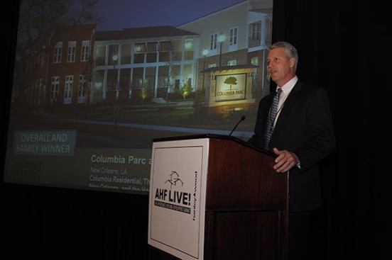 Columbia Parc at the Bayou District in New Orleans was honored as both overall development and best family development in Affordable Housing Finance’s Readers’ Choice Awards. The project was developed by Columbia Residential, the Bayou District Foundation, and the Housing Authority of New Orleans. Jim Grauley, COO of Columbia Residential, thanks the audience.