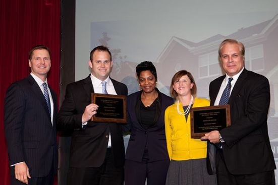 Emerald Springs in Detroit was honored as both overall development and best family development in Affordable Housing Finance’s Readers’ Choice Awards. The project was developed by Unified Property Group and the Detroit Housing Commission. Pictured are (from left) David Leopold, senior vice president of Bank of America Merrill Lynch; Nick Kolb, Unified development officer; Teanisha Eli, Detroit Housing Commission director of development; Affordable Housing Finance Executive Editor Christine Serlin; and Steve Falcone, Unified president.