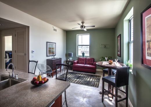 The residential portion of the development is certified LEED for Homes Gold and Enterprise Green Communities. Low-flow plumbing fixtures, energy-efficient appliances, as well as an efficient water-source heat pump for central cooling and heating are included.