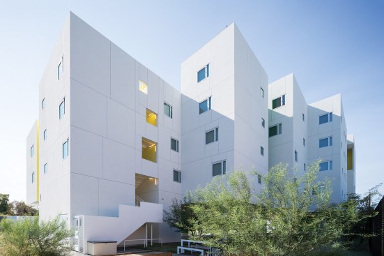 Designed by award-winning architecture firm Michael Maltzan Architecture, the 45,000-square-foot, five-story Crest Apartments in Los Angeles provides 63 studio apartments and one manager’s unit in a long, arching, and articulated form that creates a sheltered community courtyard and ground-floor office space for supportive services. 