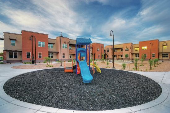 Escobedo at Verde Vista has a family focus, with a mix of larger unit sizes, tot lots, and before- and after-school programs. The development team also collaborated with Hope Village to provide housing to low-income families who are adopting children out of the Arizona foster care system.