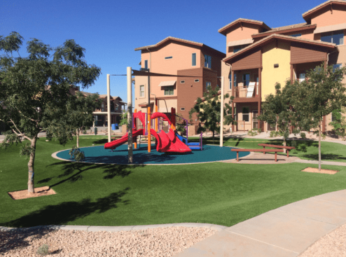 Open space, with an on-site fitness course and tot lots, are available for family gatherings and exercise, increasing the health and wellness of residents. The equipment engages residents in more outdoor physical activity while provided services promote a more balanced diet followed by a healthier lifestyle.