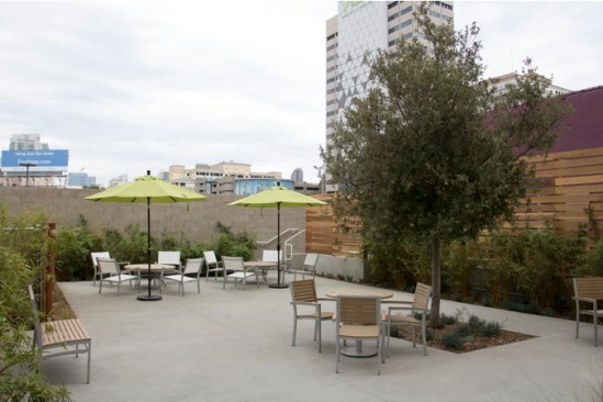 A private outdoor community garden with drought-tolerant plants was created for the residents.