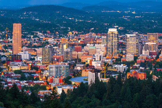 Portland, Oregon, USA downtown cityscape at twilight.