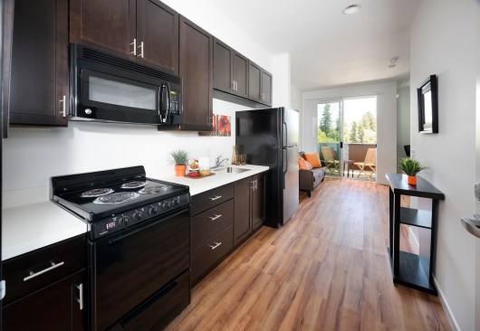 Designed by Studio E Architects, the 370-square-foot micro-unit studios feel open and airy because of the addition of private balconies, tall ceilings, and large windows. Kitchens and bathrooms are compact but include all the expected appliances and fixtures.
