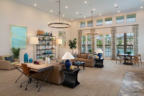 Amenities includes a 5,000-square-foot community building with management offices, a fitness center,  a computer center, an arts and crafts activity room, and laundry facilities. Outdoor amenities include a swimming pool, pond with a fountain, pocket parks, court yards,  and a playground.