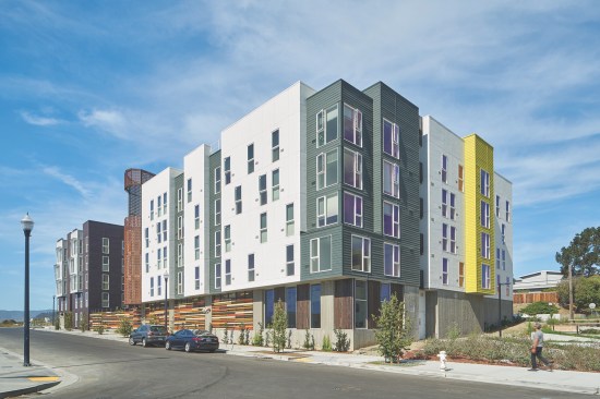 AMCAL’s 60-unit Pacific Pointe in San Francisco features two four-story buildings atop a ground-level garage that provides parking for 45 cars and 44 bicycles.