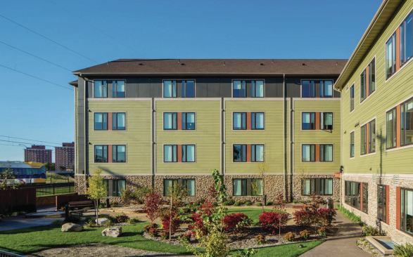 Developed by Project for Pride in Living, Rising Cedar Apartments provides 40 affordable apartments to adults with serious and persistent mental illness in the Twin Cities. It is also the headquarters for Touchstone Mental Health as well as a health and wellness center.
