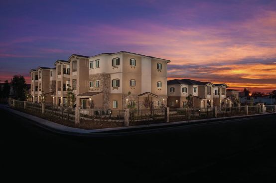 The development is LEED Gold certified and has low-E windows, solar panels to reduce common area electric costs, water-saving features, and grass bioswales.