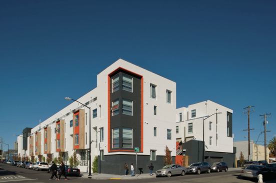 The transit-oriented project earned LEED-Platinum certification and features solar-assisted domestic hot water heating, Energy Star lighting and appliances, drought-tolerant landscaping, and water-conserving fixtures and irrigation system.