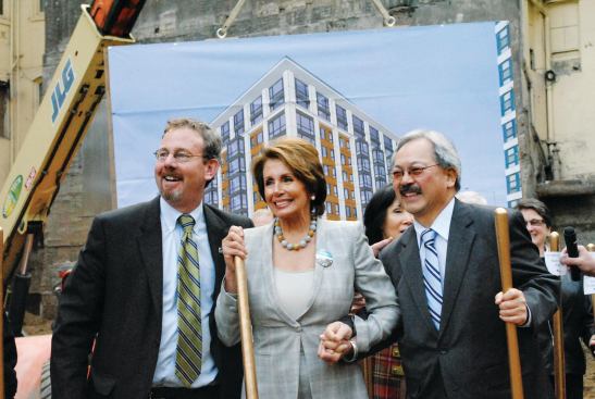 Mercy Housing California President Doug Shoemaker (left), Democratic House Leader Nancy Pelosi, and San Francisco Mayor Edwin Lee at the St. Anthony’s groundbreaking in the Tenderloin district at the end of January. “Developers should have a goal of having every senator and member of Congress visit their properties from their districts and states,” says Mercy’s Julie Gould. 